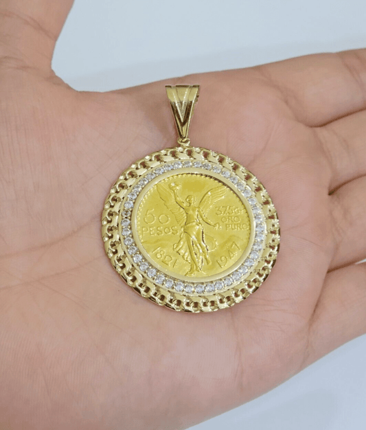 Mexican Centenario Coin 1947 Charm Pendant Replica 50 pesos With Bezel 10kt Gold - Reva Jeweler