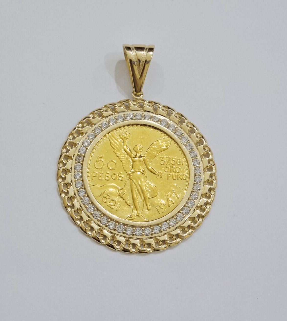 Mexican Centenario Coin 1947 Charm Pendant Replica 50 pesos With Bezel 10kt Gold - Reva Jeweler