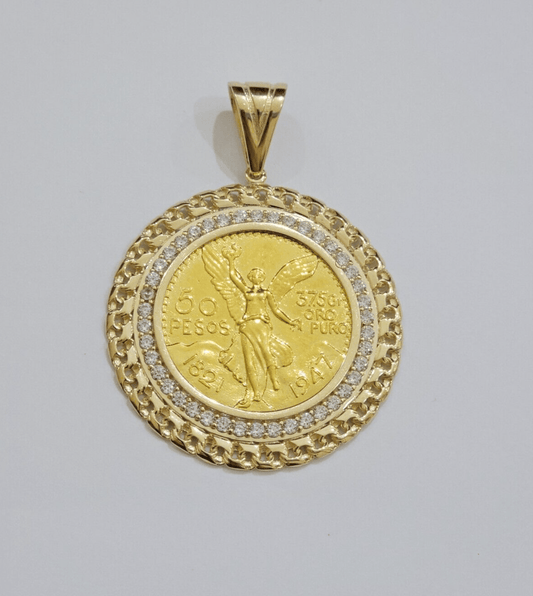 Mexican Centenario Coin 1947 Charm Pendant Replica 50 pesos With Bezel 10kt Gold - Reva Jeweler