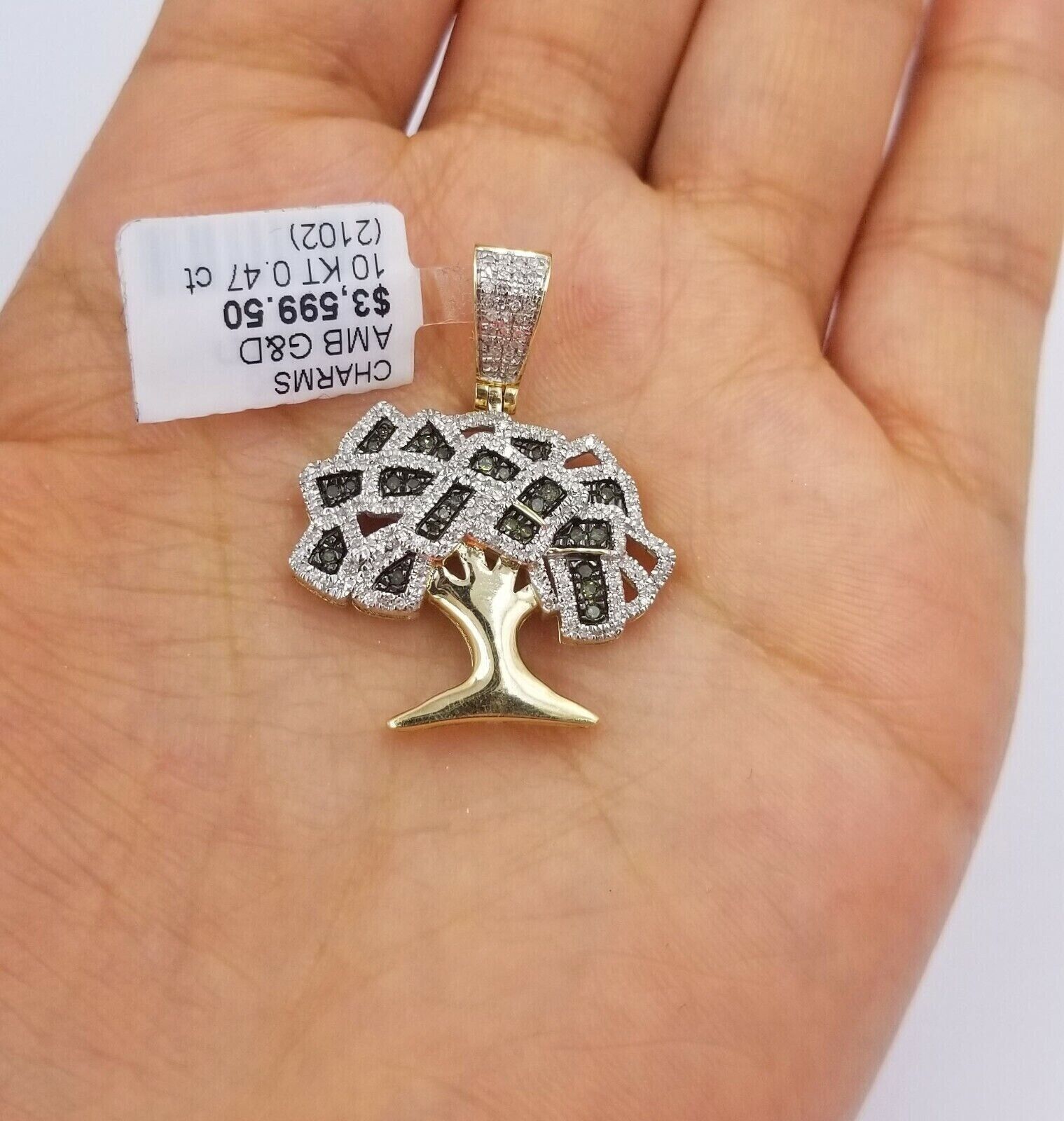 Money Tree charm Pendant REAL 10k Yellow Gold Genuine Natural Diamonds For Mens - Reva Jeweler