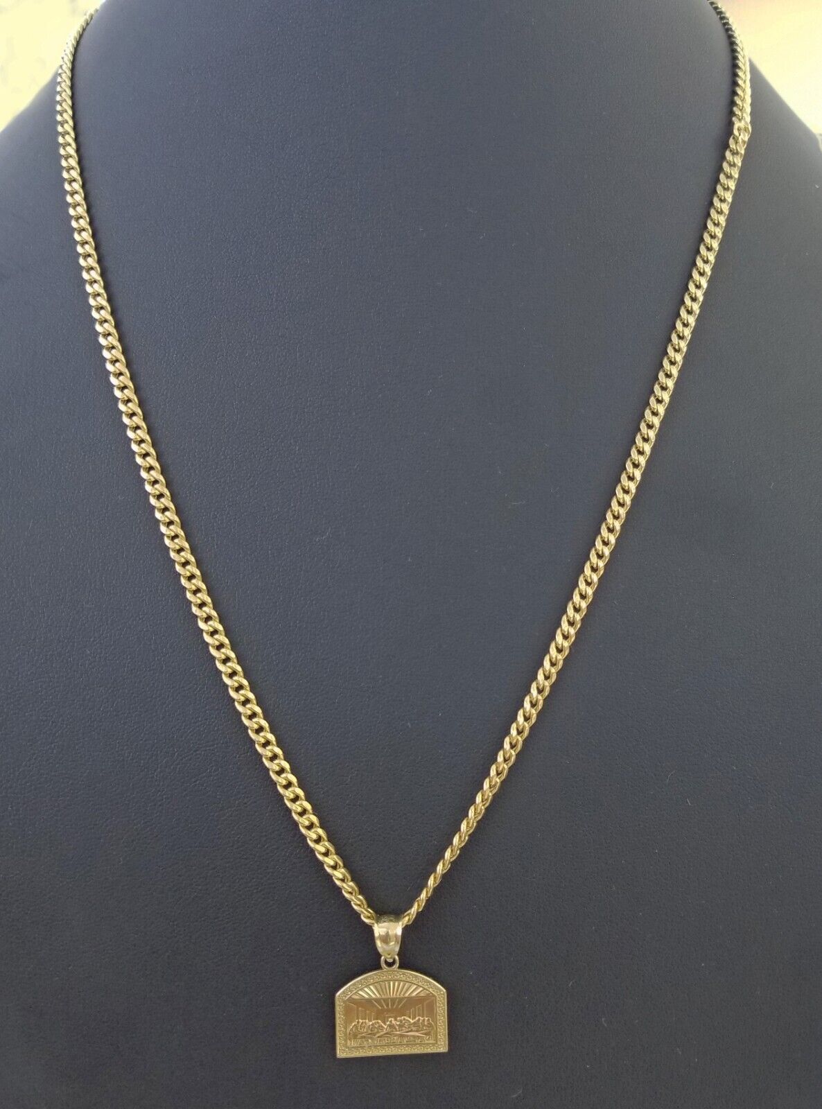 Real 10 k Gold Last Supper Charm Miami Cuban Chain 4mm 24" Necklace pendant set - Reva Jeweler
