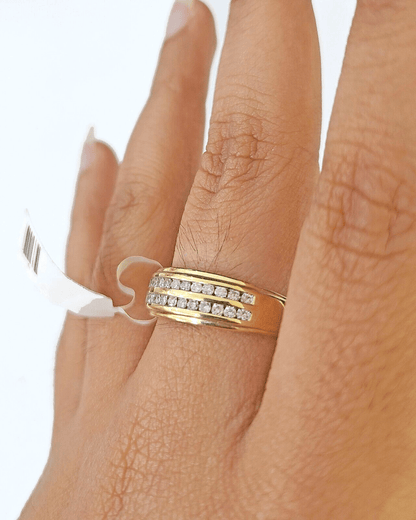 Real 10k 2 Row Diamond Mens Ring Yellow Gold Band Genuine Natural - Reva Jeweler