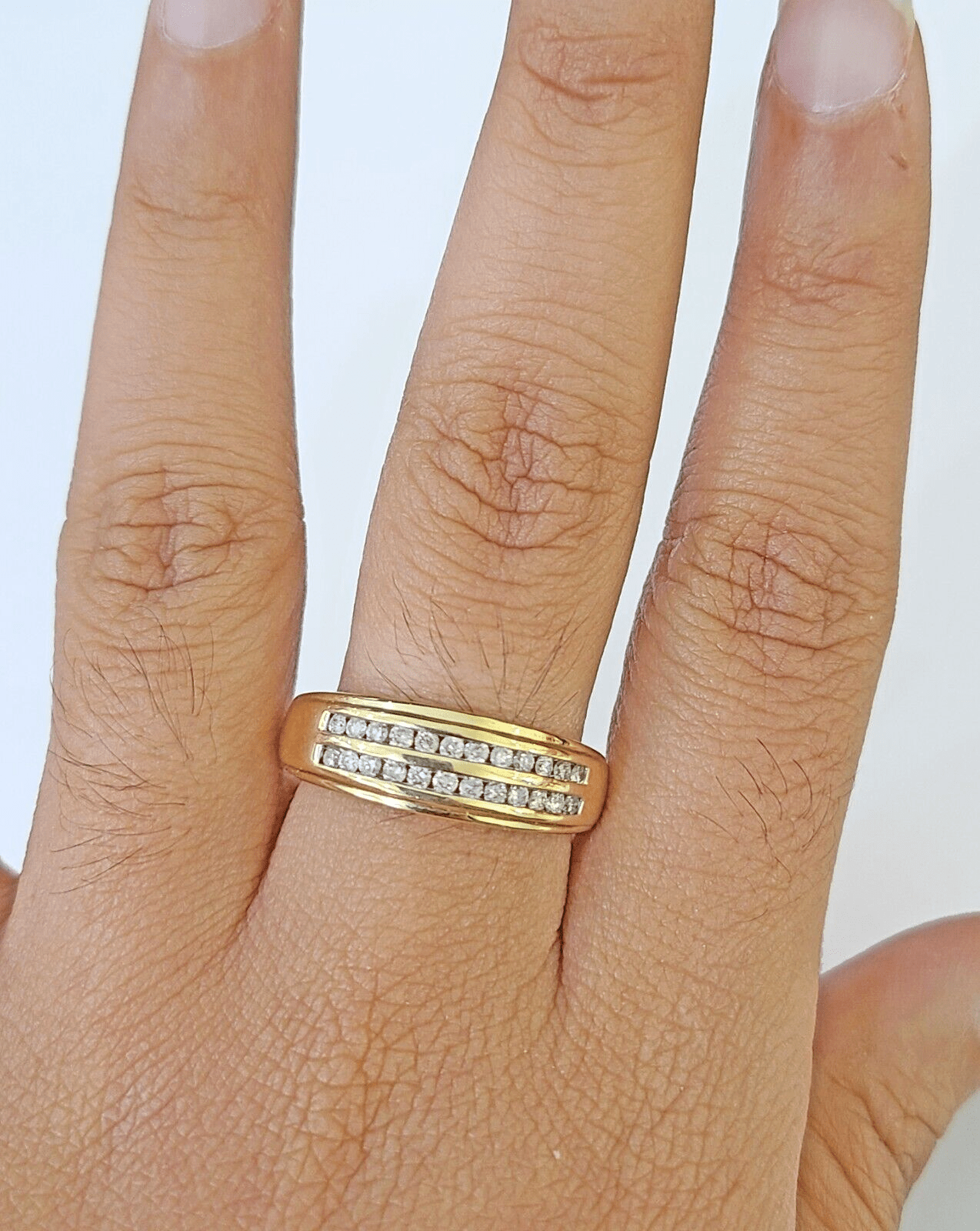 Real 10k 2 Row Diamond Mens Ring Yellow Gold Band Genuine Natural - Reva Jeweler