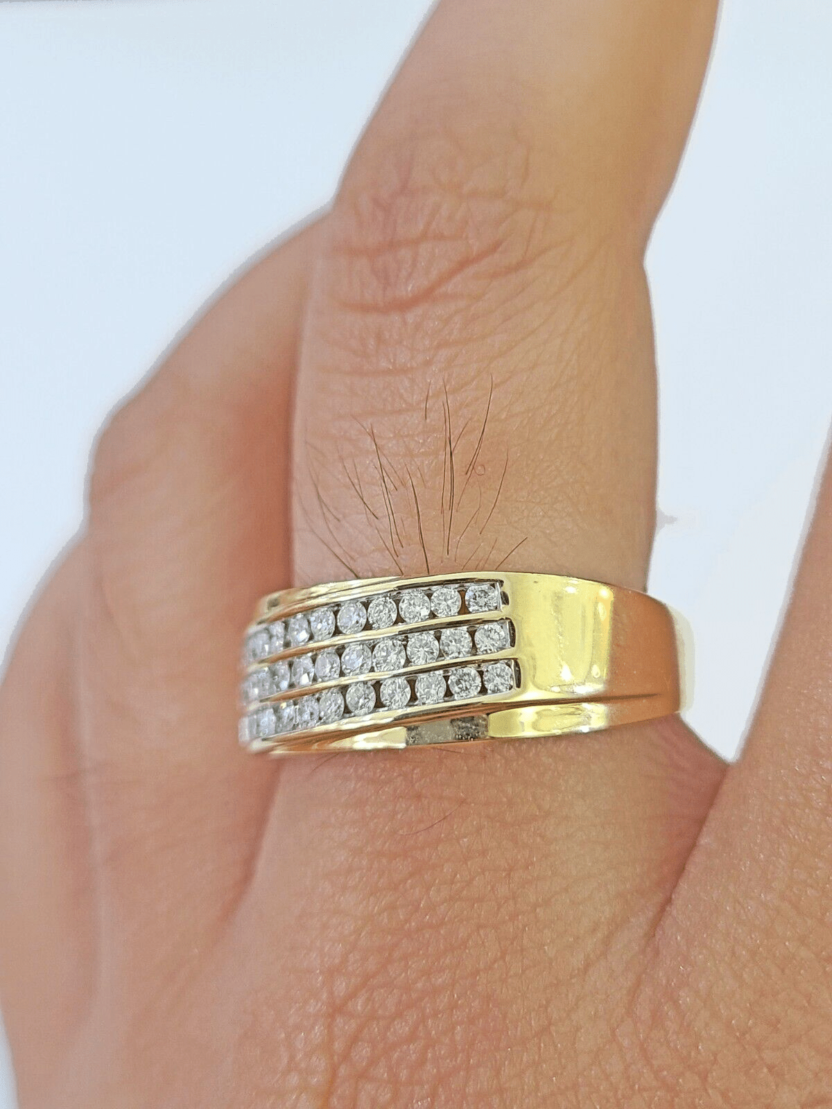 Real 10k 3 Row Diamond Mens Ring Yellow Gold Band Genuine Natural - Reva Jeweler