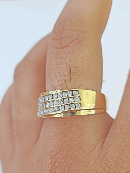 Real 10k 3 Row Diamond Mens Ring Yellow Gold Band Genuine Natural - Reva Jeweler