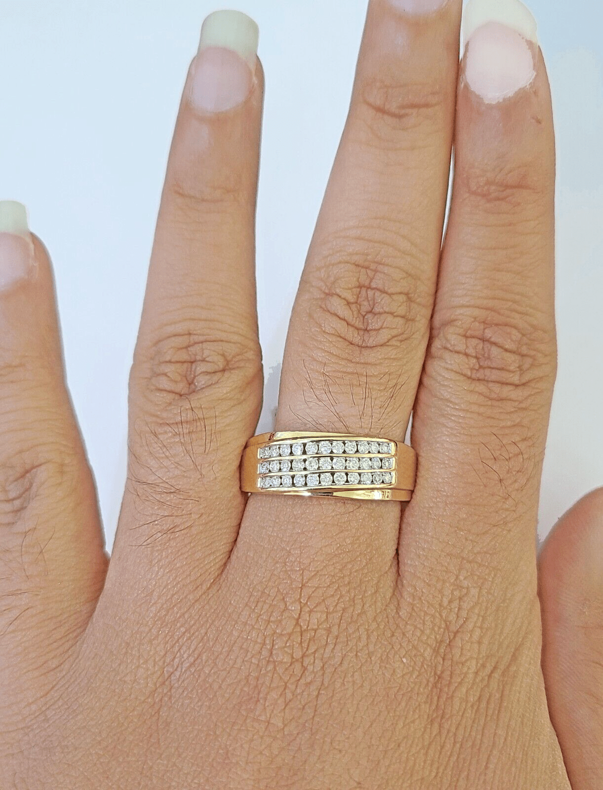 Real 10k 3 Row Diamond Mens Ring Yellow Gold Band Genuine Natural - Reva Jeweler