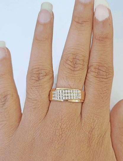 Real 10k 3 Row Diamond Mens Ring Yellow Gold Band Genuine Natural - Reva Jeweler