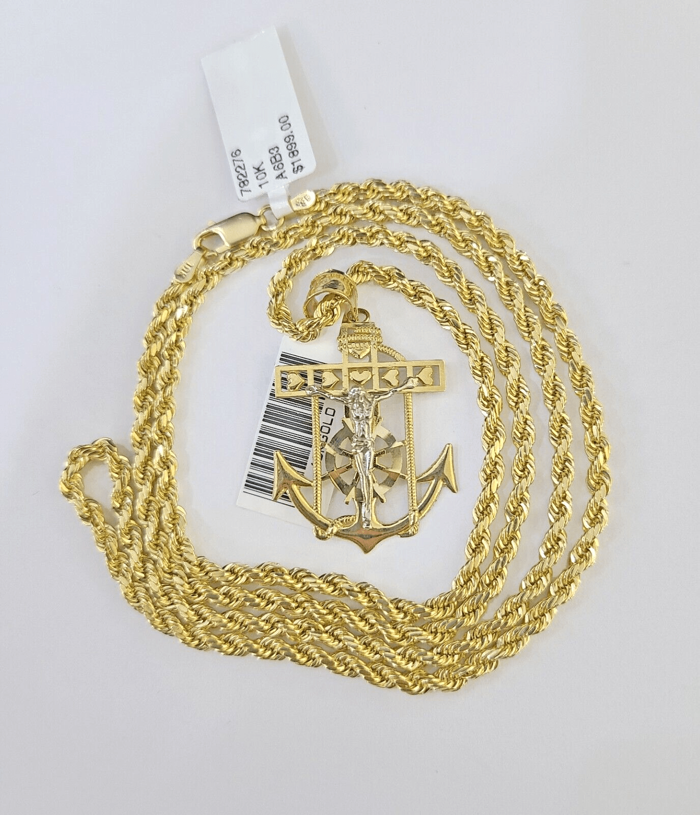 Real 10k 3mm Rope Chain Anchor Pendant 18" 20" 22" 24" 26" Gold Set - Reva Jeweler