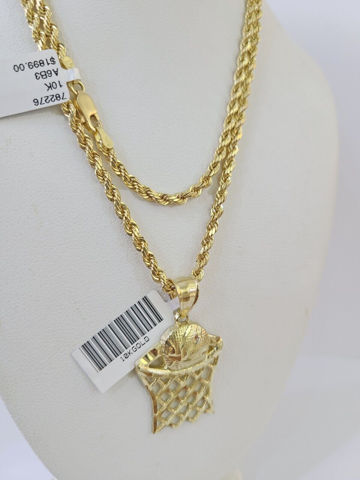 Real 10k 3mm Rope Chain Basketball Pendant 18" 20" 22" 24" 26" Yellow Gold Set - Reva Jeweler