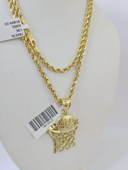 Real 10k 3mm Rope Chain Basketball Pendant 18" 20" 22" 24" 26" Yellow Gold Set - Reva Jeweler
