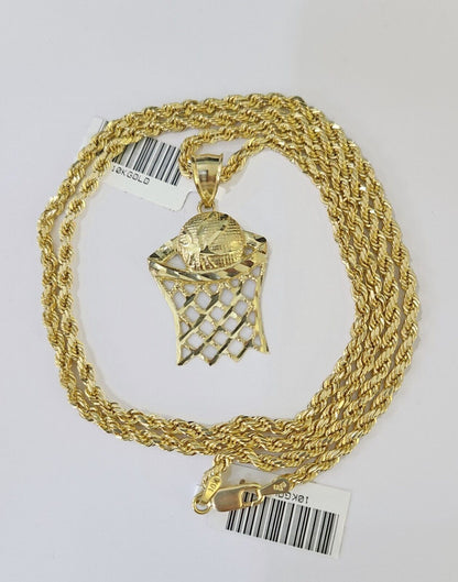 Real 10k 3mm Rope Chain Basketball Pendant 18" 20" 22" 24" 26" Yellow Gold Set - Reva Jeweler