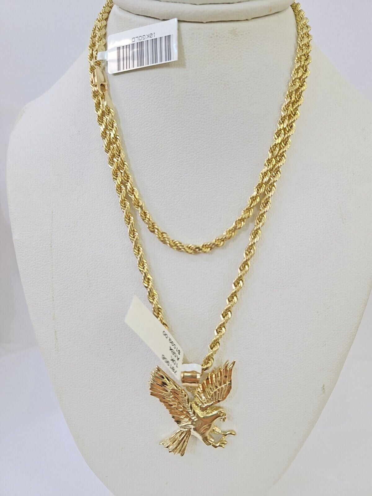 Real 10k 3mm Rope Chain Eagle Pendant 18" 20" 22" 24" 26" Gold Set - Reva Jeweler