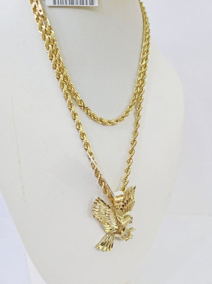 Real 10k 3mm Rope Chain Eagle Pendant 18" 20" 22" 24" 26" Gold Set - Reva Jeweler