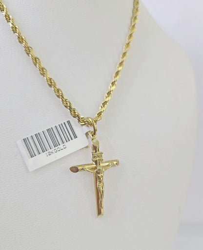 Real 10k 3mm Rope Chain INRI Cross Pendant 18" 20" 22" 24" 26" Gold Set - GoldenlinQ