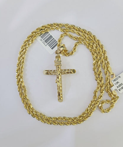 Real 10k 3mm Rope Chain INRI Cross Pendant 18" 20" 22" 24" 26" Gold Set - Reva Jeweler