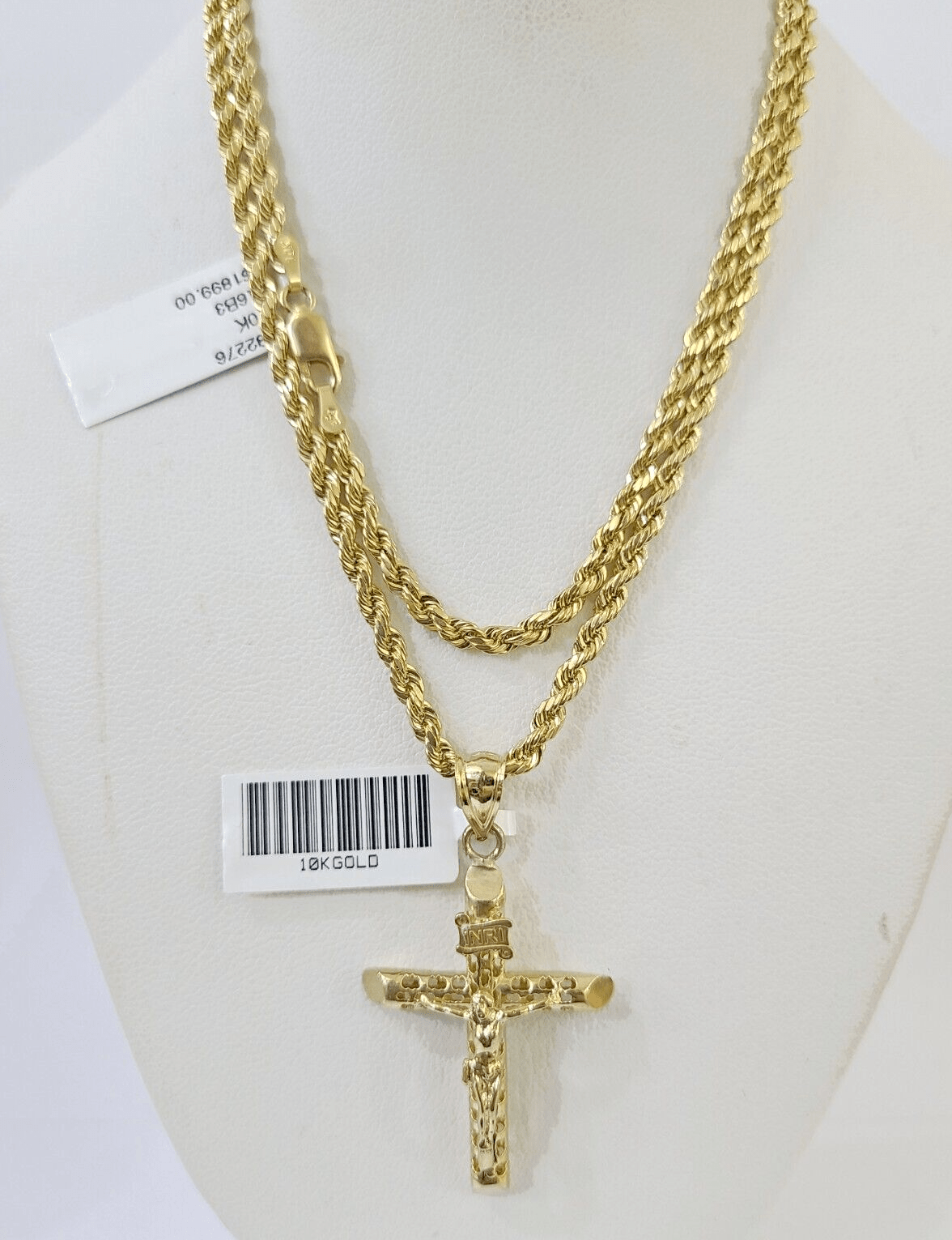 Real 10k 3mm Rope Chain INRI Cross Pendant 18" 20" 22" 24" 26" Gold Set - Reva Jeweler