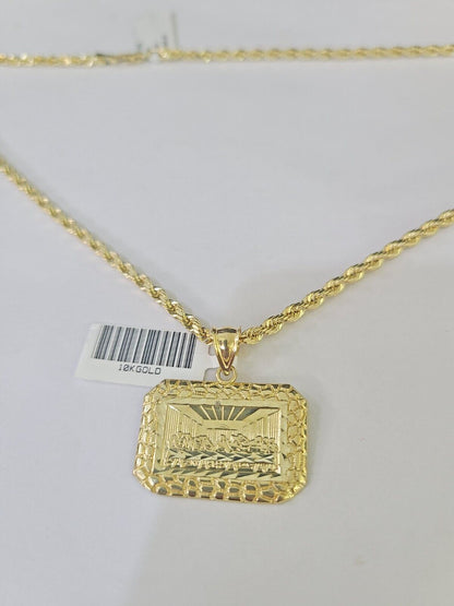 Real 10k 3mm Rope Chain Last Supper Pendant Charm 18" 20" 22" 24" 26" Set Yellow - GoldenlinQ