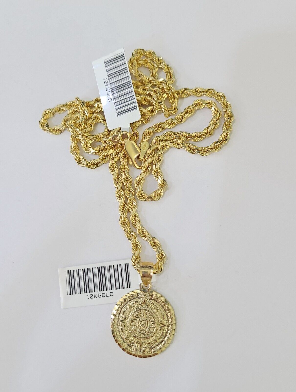 Real 10k 3mm Rope Chain Mayan Calendar Pendant 18" 20" 22" 24" 26" Gold Set - Reva Jeweler