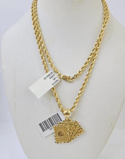 Real 10k 3mm Rope Chain Royal Flush Pendant 18" 20" 22" 24" 26" Gold Set - Reva Jeweler