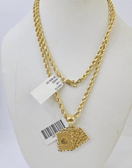 Real 10k 3mm Rope Chain Royal Flush Pendant 18" 20" 22" 24" 26" Gold Set - Reva Jeweler