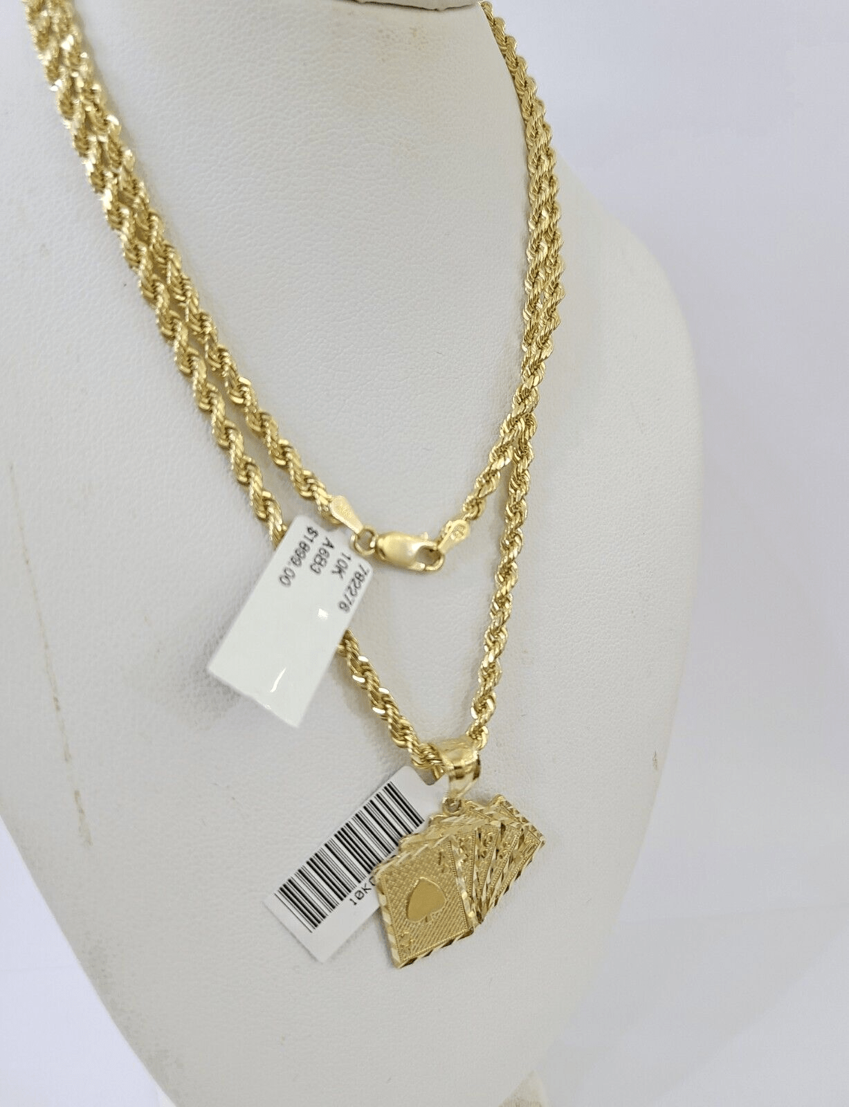 Real 10k 3mm Rope Chain Royal Flush Pendant 18" 20" 22" 24" 26" Gold Set - Reva Jeweler