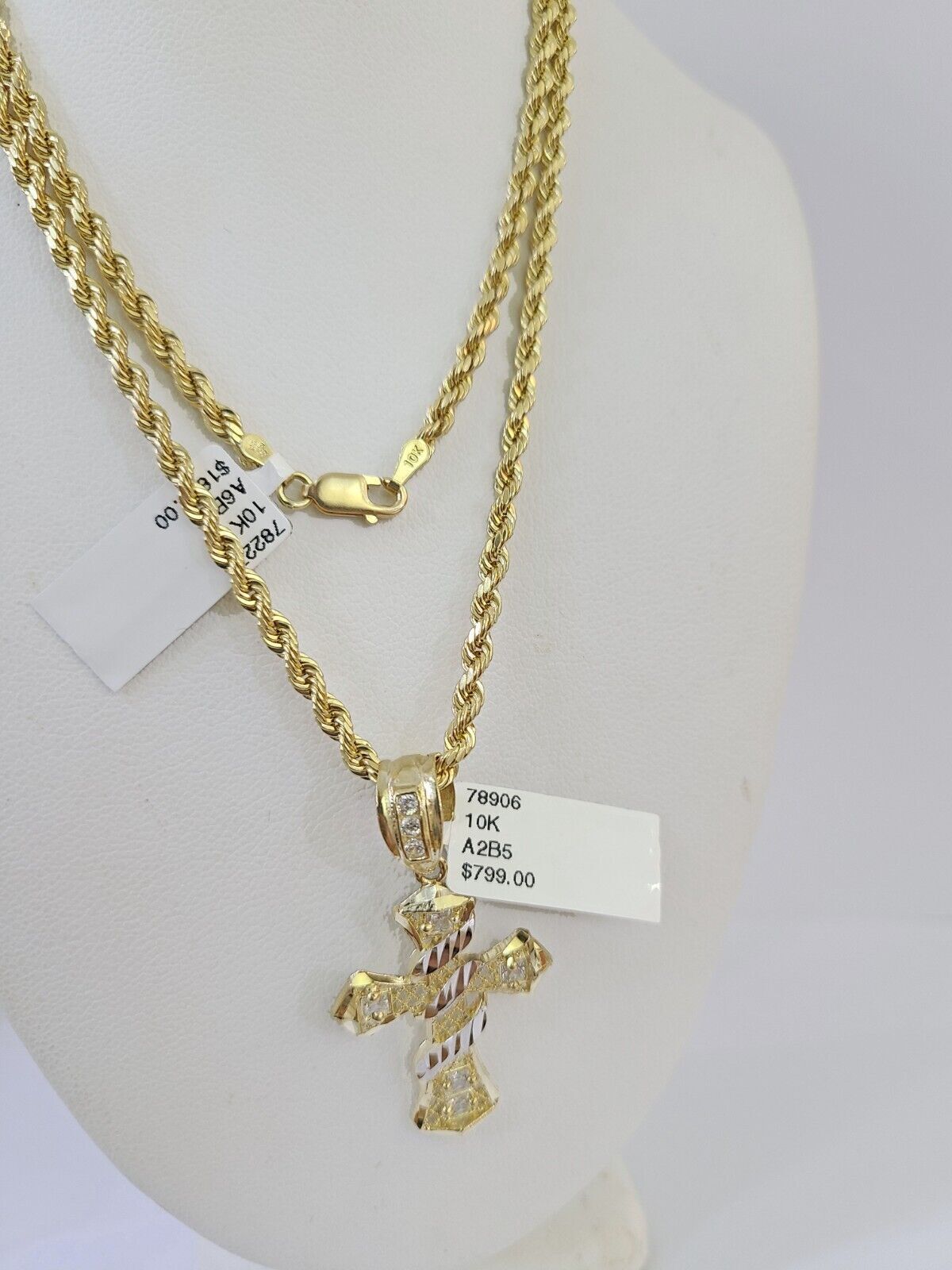 Real 10k 3mm Rope Chain Spiral Cross Pendant 18" 20" 22" 24" 26" Gold Set - Reva Jeweler