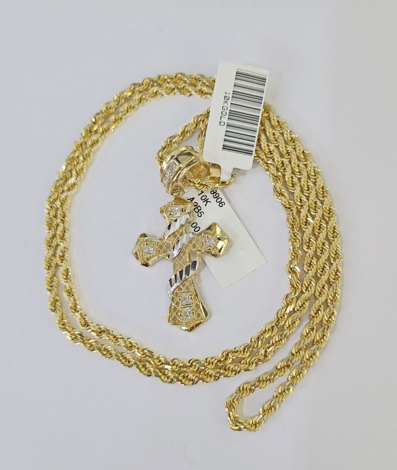 Real 10k 3mm Rope Chain Spiral Cross Pendant 18" 20" 22" 24" 26" Gold Set - Reva Jeweler