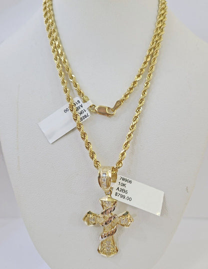 Real 10k 3mm Rope Chain Spiral Cross Pendant 18" 20" 22" 24" 26" Gold Set - Reva Jeweler