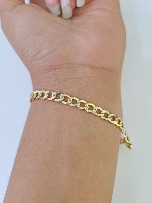 Real 10K Cuban Curb Link Bracelet Yellow Gold Diamond Cut 5mm 7" Inch - GoldenlinQ