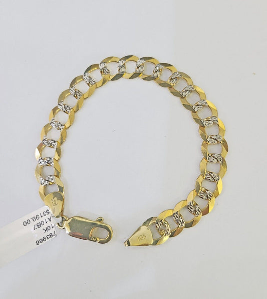 Real 10K Cuban Curb Link Bracelet Yellow Gold Diamond Cut 8mm 7" Inch - GoldenlinQ