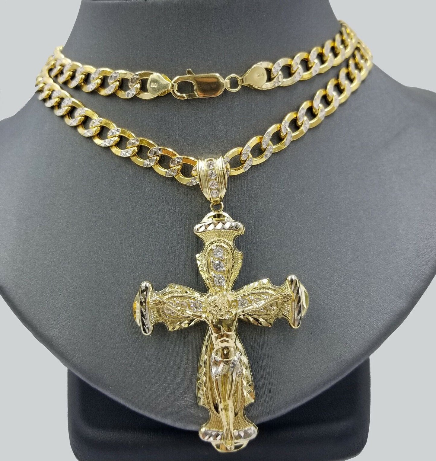 Real 10k Cuban Curb Link Necklace Pendant SET Jesus Crucifix Cross Chain - Reva Jeweler