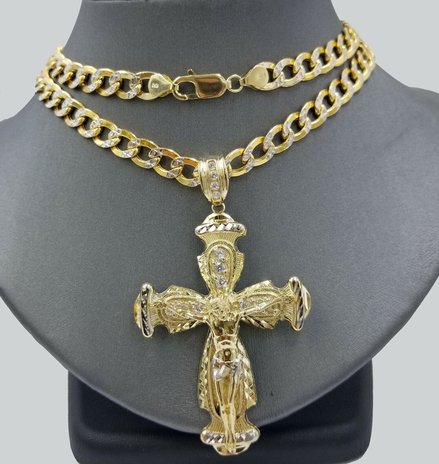 Real 10k Cuban Curb Link Necklace Pendant SET Jesus Crucifix Cross Chain - Reva Jeweler