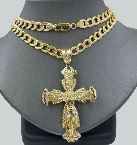 Real 10k Cuban Curb Link Necklace Pendant SET Jesus Crucifix Cross Chain - Reva Jeweler