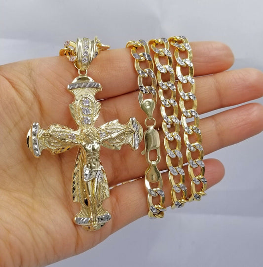 Real 10k Cuban Curb Link Necklace Pendant SET Jesus Crucifix Cross Chain - Reva Jeweler