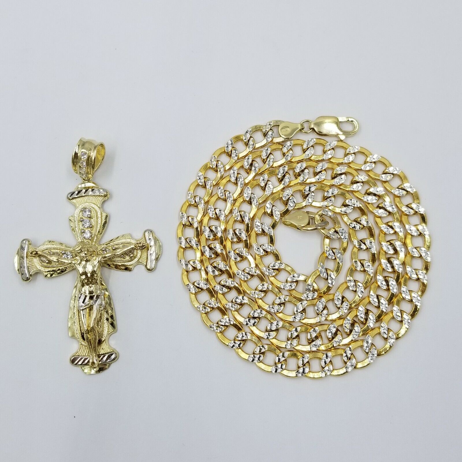 Real 10k Cuban Curb Link Necklace Pendant SET Jesus Crucifix Cross Chain - Reva Jeweler