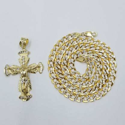 Real 10k Cuban Curb Link Necklace Pendant SET Jesus Crucifix Cross Chain - Reva Jeweler