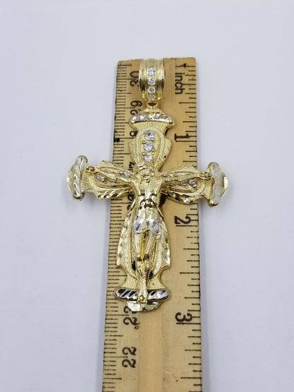 Real 10k Cuban Curb Link Necklace Pendant SET Jesus Crucifix Cross Chain - Reva Jeweler