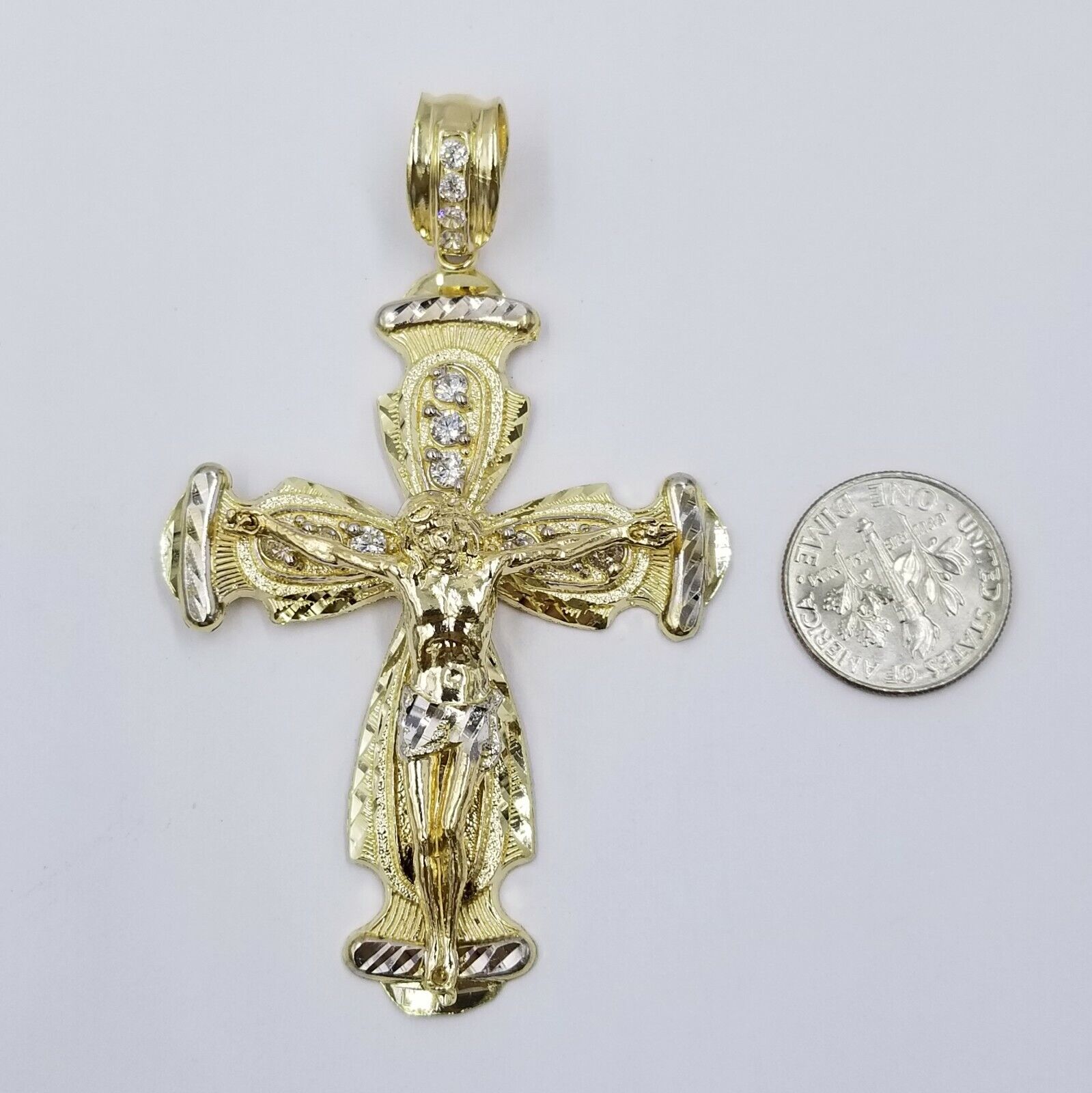 Real 10k Cuban Curb Link Necklace Pendant SET Jesus Crucifix Cross Chain - Reva Jeweler