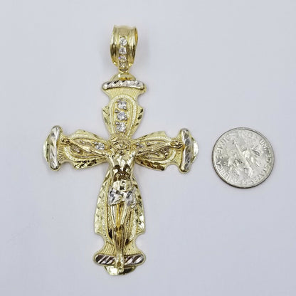 Real 10k Cuban Curb Link Necklace Pendant SET Jesus Crucifix Cross Chain - Reva Jeweler