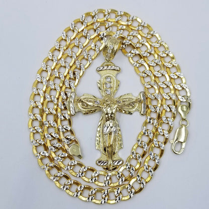 Real 10k Cuban Curb Link Necklace Pendant SET Jesus Crucifix Cross Chain - Reva Jeweler