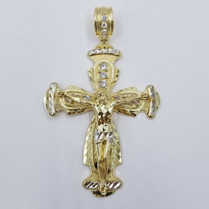 Real 10k Cuban Curb Link Necklace Pendant SET Jesus Crucifix Cross Chain - Reva Jeweler