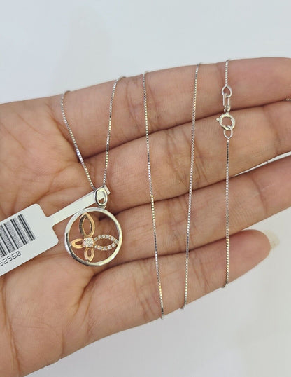 Real 10k Diamond Butterfly Necklace Pendant White Rose Gold Chain Women - GoldenlinQ