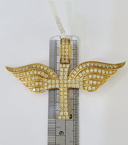 Real 10k Diamond Cross Wings Charm Yellow Gold Men Women Pendant Genuine 3" - Reva Jeweler