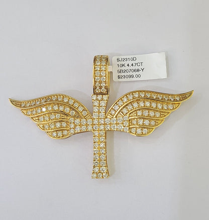 Real 10k Diamond Cross Wings Charm Yellow Gold Men Women Pendant Genuine 3" - Reva Jeweler