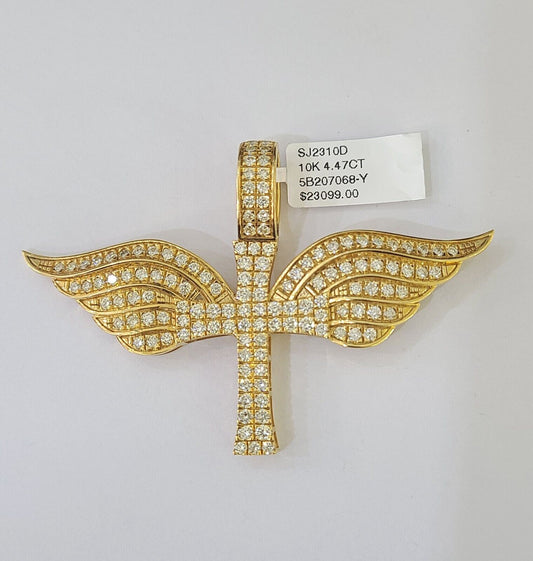 Real 10k Diamond Cross Wings Charm Yellow Gold Men Women Pendant Genuine 3" - Reva Jeweler