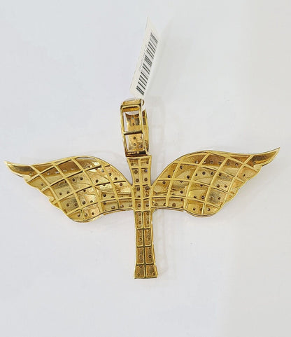 Real 10k Diamond Cross Wings Charm Yellow Gold Men Women Pendant Genuine 3" - Reva Jeweler