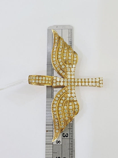Real 10k Diamond Cross Wings Charm Yellow Gold Men Women Pendant Genuine 3" - Reva Jeweler