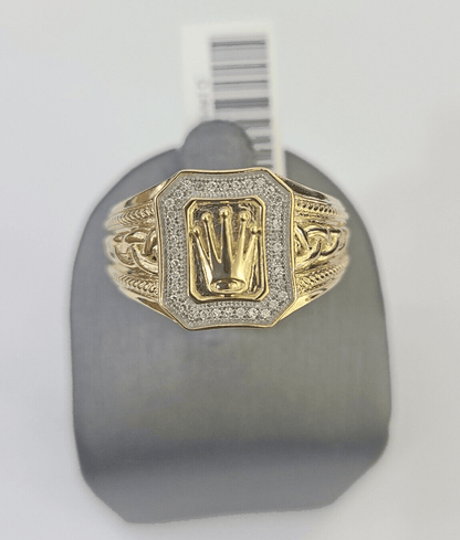 Real 10k Diamond Crown Mens Ring Band Yellow Gold Wedding Casual Genuine Natural - GoldenlinQ
