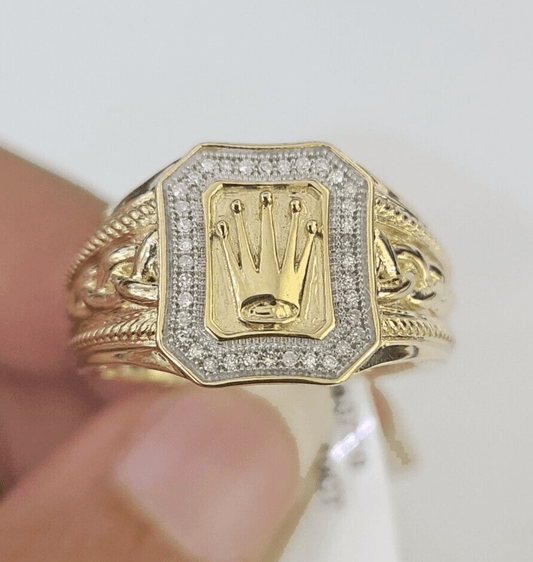 Real 10k Diamond Crown Mens Ring Band Yellow Gold Wedding Casual Genuine Natural - GoldenlinQ
