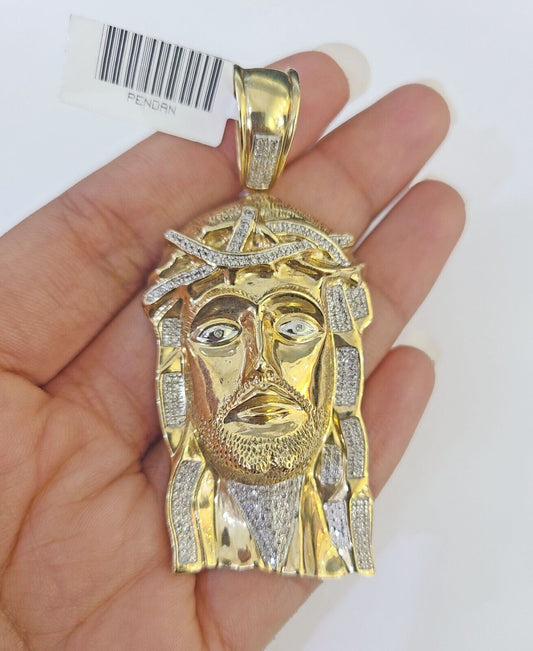 Real 10K Diamond Jesus Head Charm Yellow Gold Pendant Genuine Real - GoldenlinQ